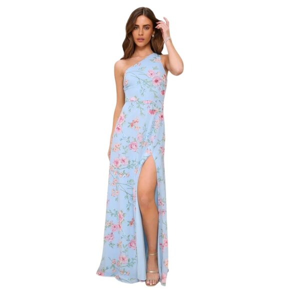 Lulus Blue Floral One-Shoulder Maxi Dress NWT Size Medium Wedding Guest Dress - Picture 1 of 10